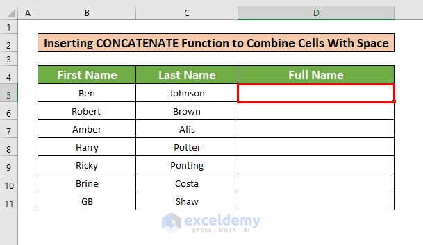 Insert the CONCATENATE Function to Combine Cells with Space