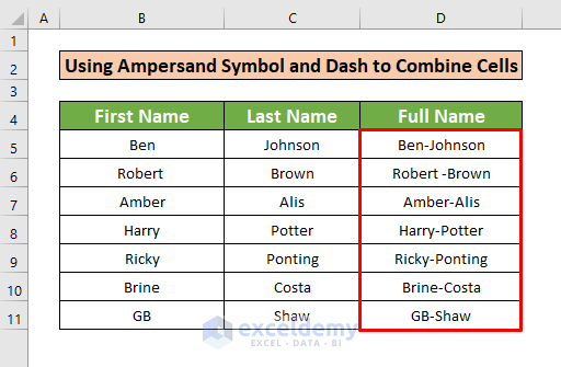 Use Ampersand Symbol and Dash to Combine Cells
