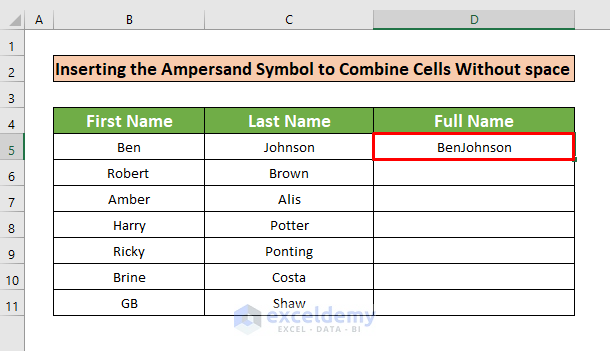 Insert the Ampersand Symbol to Combine Cells Without Space