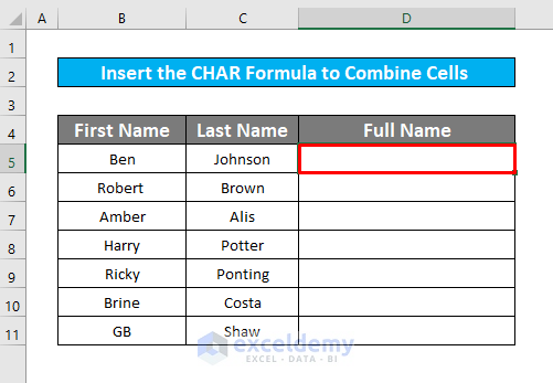 Insert the CHAR Function to Combine Cells in Excel