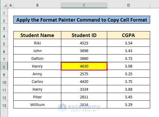 Apply the Format Painter Command to Copy Cell Format in excel