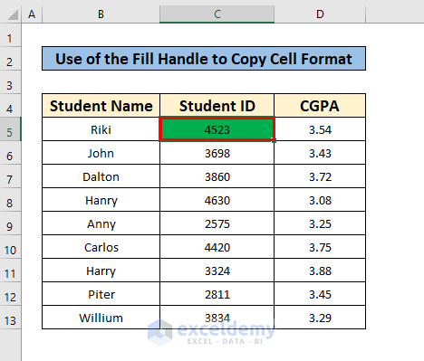 Use of the Fill Handle to Copy Cell Format in excel