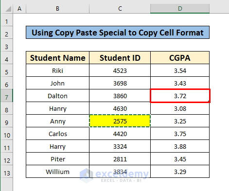 Insert Copy Paste Special to Copy Cell Format in excel