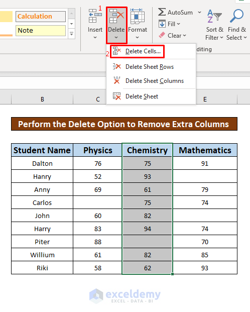 Perform the Delete Option to Remove Extra Columns in Excel