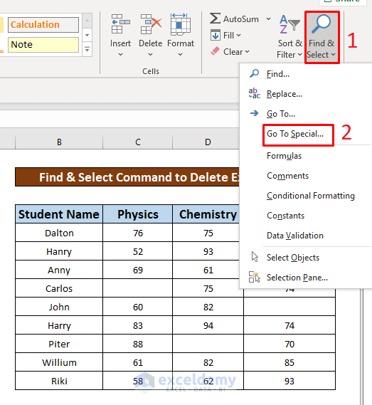 Insert Find & Select Command to Delete Extra Columns in Excel