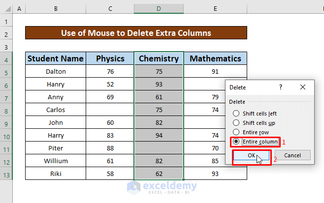Use Mouse to Delete Extra Columns in Excel