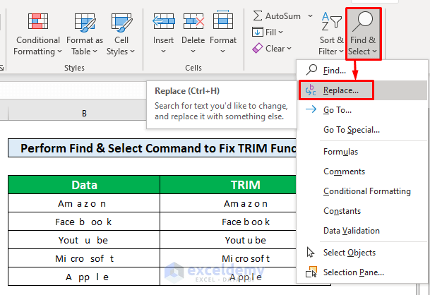 Perform Find & Select Command to Fix TRIM Function Not Working