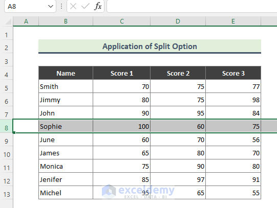 Apply Split Option to Freeze Rows in Excel