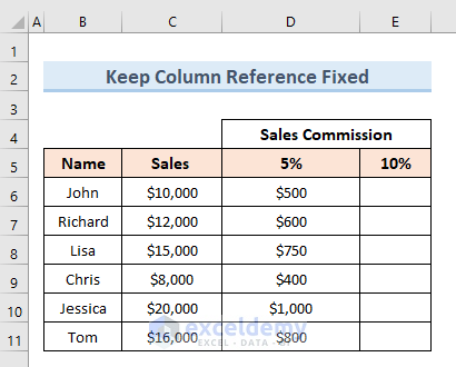 Keep the Column Reference Fixed in Excel Formula
