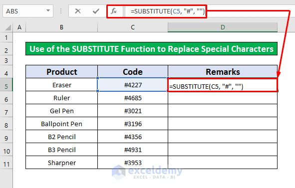 Use of the SUBSTITUTE Function to Replace Special Characters in Excel