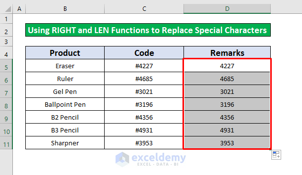 Apply the RIGHT and LEN Functions to Replace Special Characters in Excel