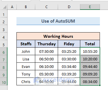 Use AutoSum to Add TIME in Excel