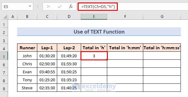 Apply TEXT Function for Time Sum up in Excel