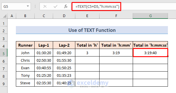 Apply TEXT Function for Time Sum up in Excel