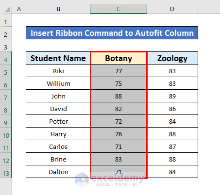 Apply Ribbon Command to AutoFit Column Width in Excel