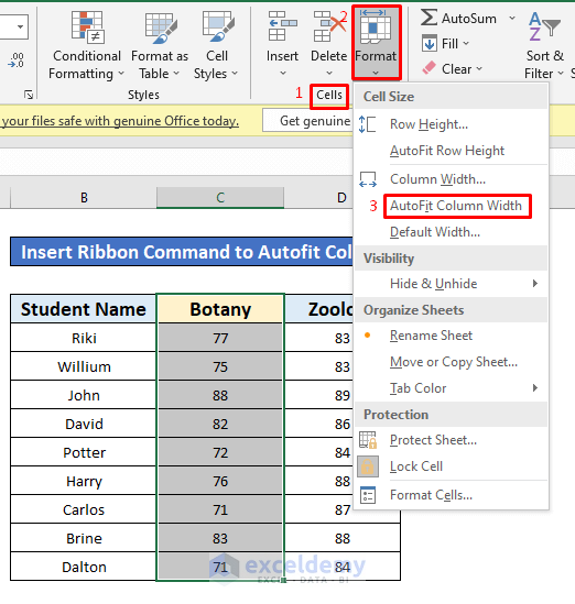 Apply Ribbon Command to AutoFit Column Width in Excel