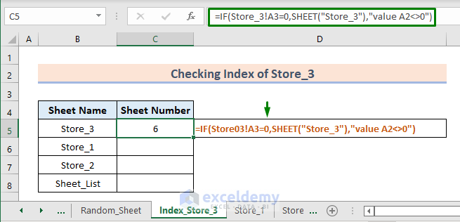 Apply SHEET Function to Find Out The Index of The Sheet “Store-3”