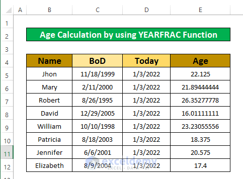 Perform the YEARFRAC Function to Calculate Age