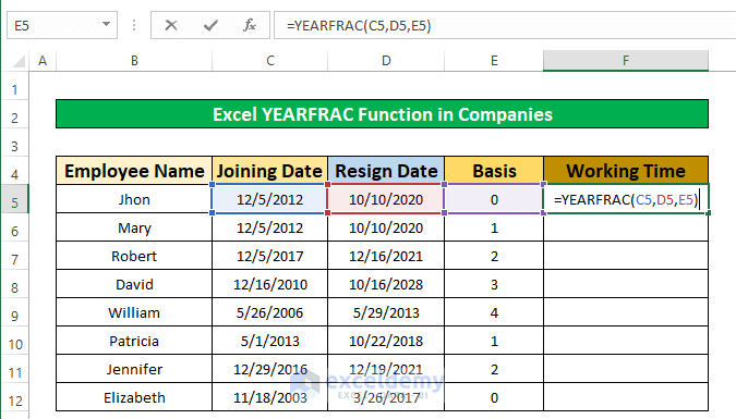 Use the YEARFRAC Function to Find Working Time in Companies