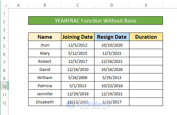 Insert the YEARFRAC Function in Excel Without Basis