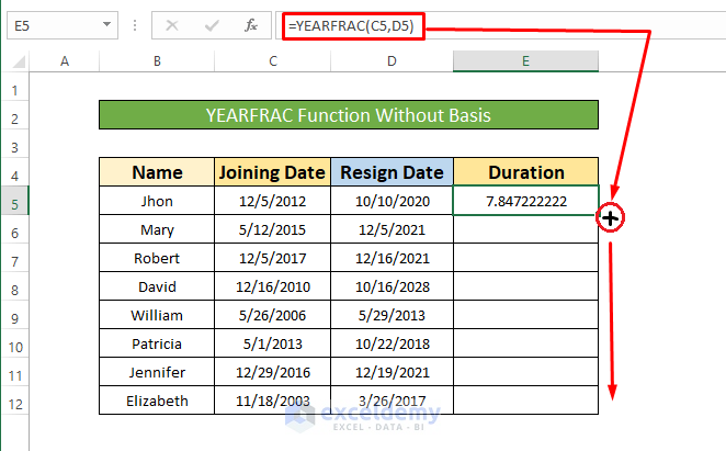 Insert the YEARFRAC Function in Excel Without Basis
