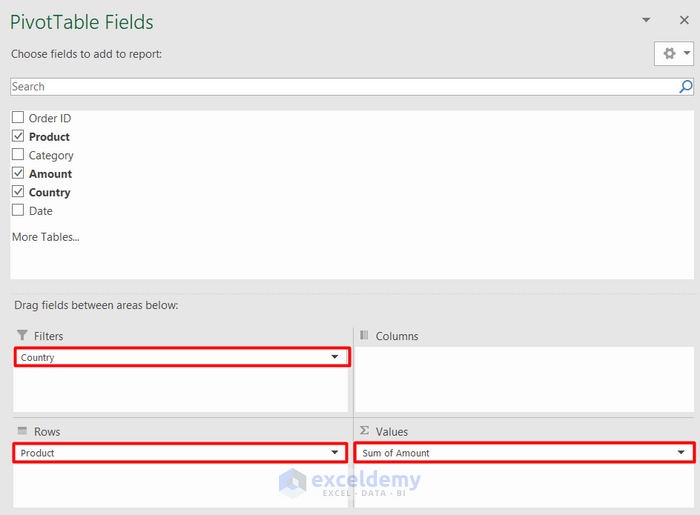 Drag the Fields in the PivotTable Fields