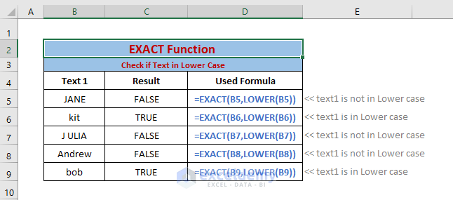 Lower Case -Excel EXACT function