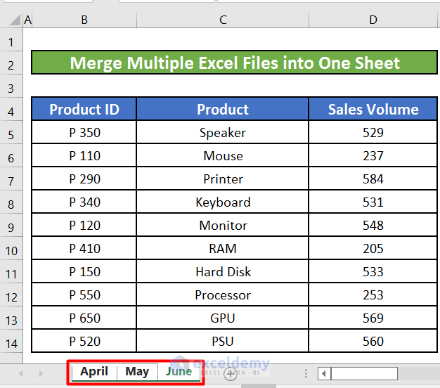 Select All the Sheets to Merged in Excel