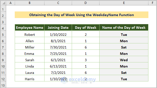 Obtaining the Day of Week Using WeekdayName Function