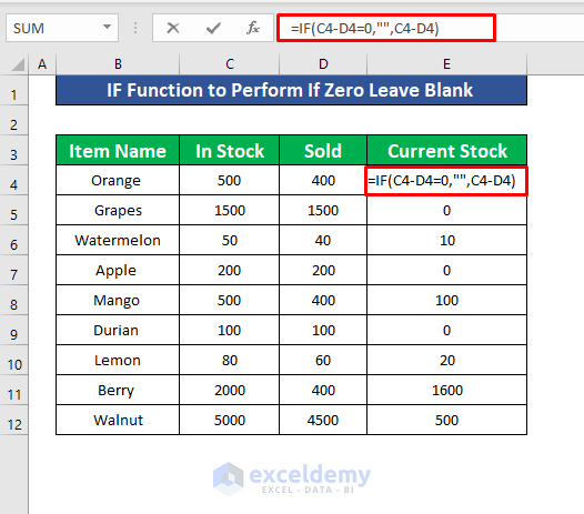 Insert the IF Function to Perform If Zero Leave Blank