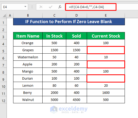 Insert the IF Function to Perform If Zero Leave Blank