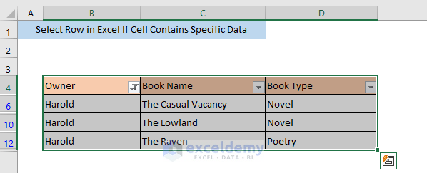 excel select row if cell contains