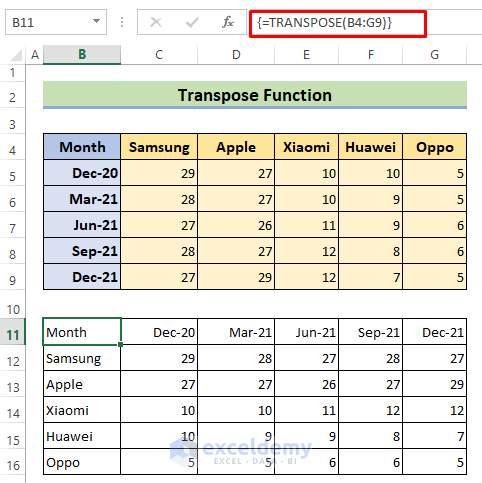 Use Transpose Function to Switch Rows and Columns