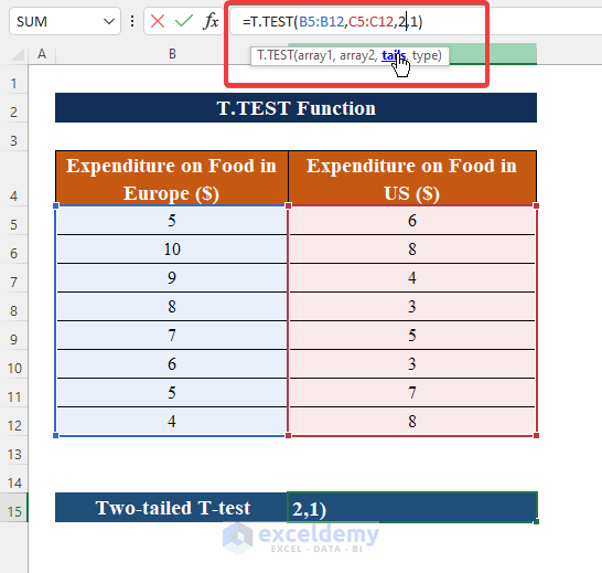 Apply Two-tailed Test to T-Test Function in Excel