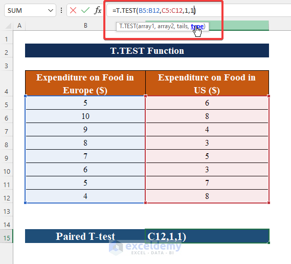 Apply Paired Type to T-Test Function in Excel