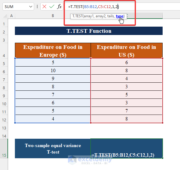 Apply Two-sample Equal Variance T-Test Function in Excel