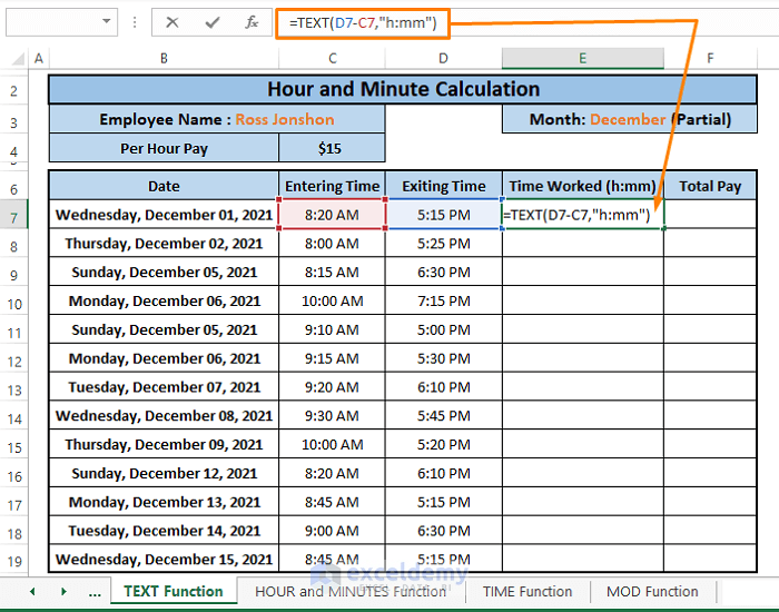 Text function-How to Calculate Hours and Minutes for Payroll in Excel