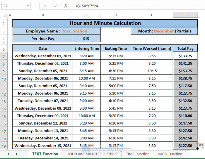 Total pay-How to Calculate Hours and Minutes for Payroll in Excel