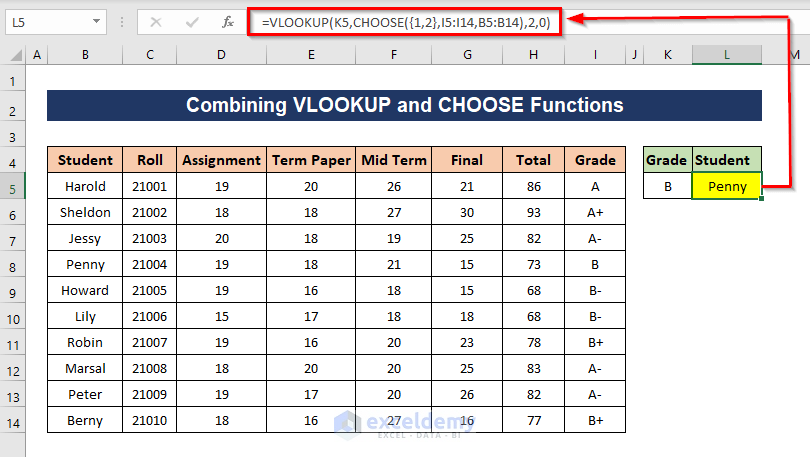 Lookup grade from right column and extract student name from left with VLOOKUP and CHOOSE functions in Excel