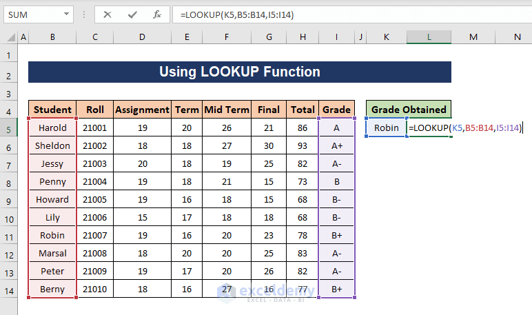 Applying LOOKUP function to lookup the grade of a student