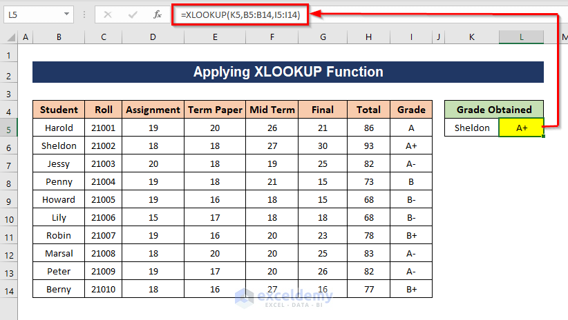 Looking up the grade of the chosen student with XLOOKUP function