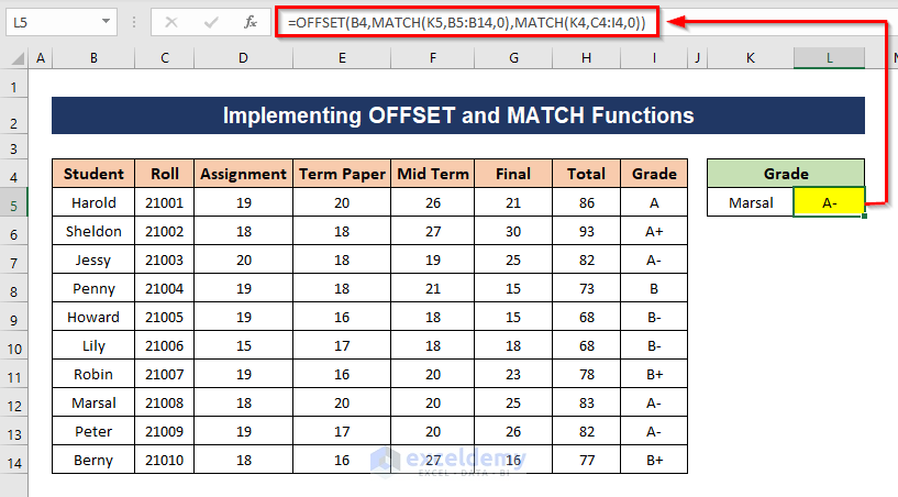 Implementing OFFSET-MATCH functions to lookup the grade corresponding to the matched student in Excel