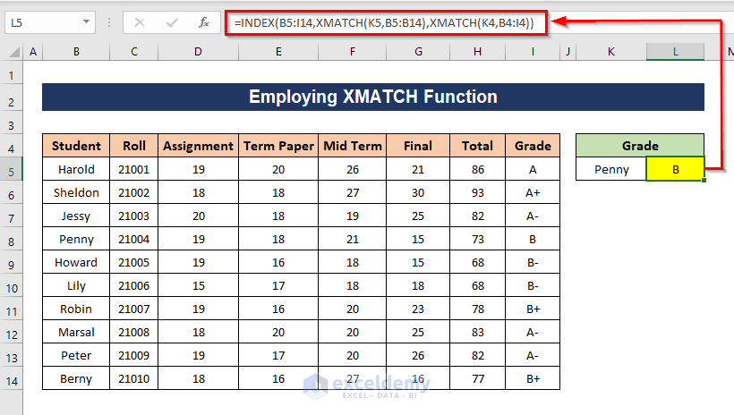Lookup grade of a selected student with INDEX and XMATCH functions in Excel