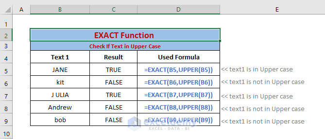 Upper case Data Type-Excel EXACT function