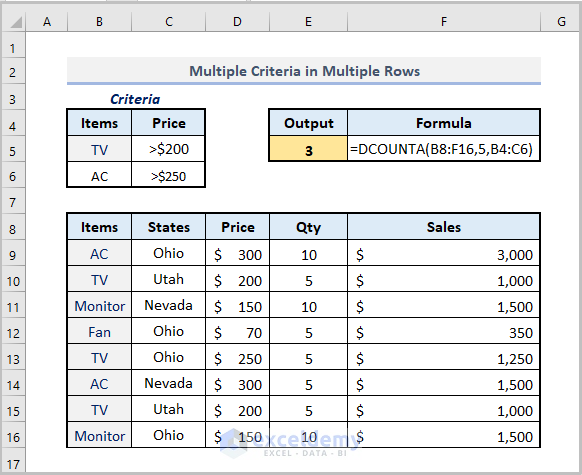 Utilizing The DCOUNTA Function While Dealing Multiple Criteria Rows