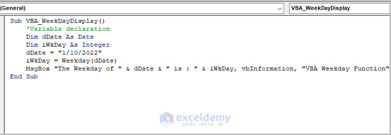 VBA Code for Displaying the day of the week