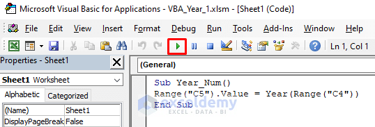 Year Function in Excel VBA to Show Year in Worksheet