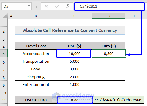Convert One Currency To Another with Absolute Cell Reference in Excel