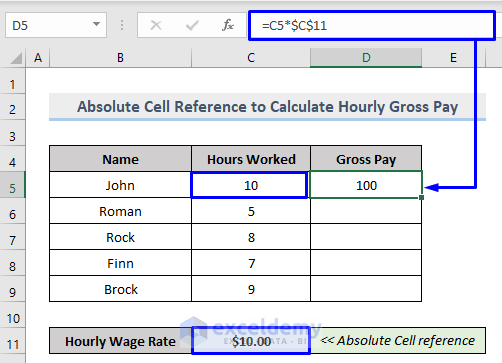 Absolute Cell Reference To Calculate the Hourly Gross Pay in Excel