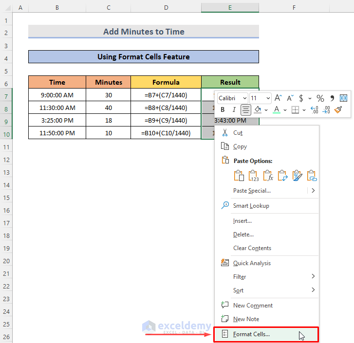 Add Minutes to Time Using Format Cells Feature